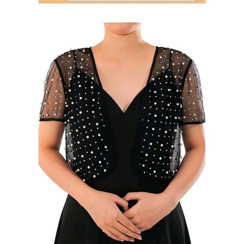 Jonky Black Mesh Pearl Rhinestone Sheer Cropped Cardigan Top Small NEW
